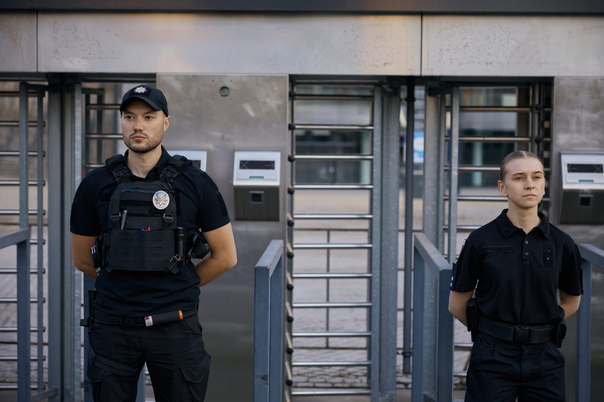 Diverse police officers patrolling and guarding entrance to public subway