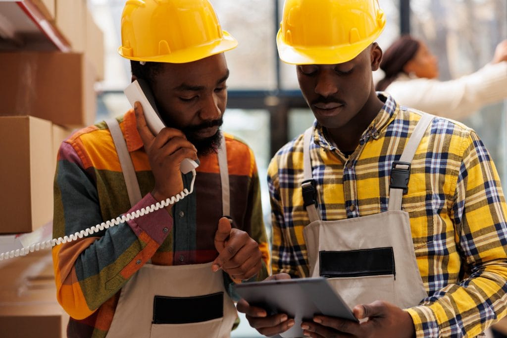 Storehouse employees coordinating delivery schedule on landline telephone
